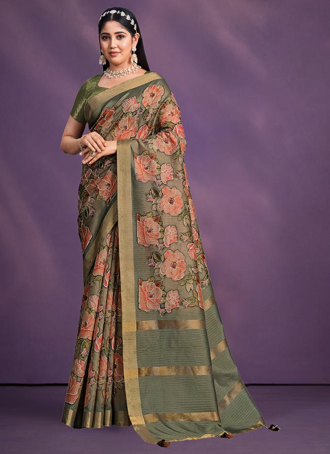 Tusser Silk Coffee Mustard Wedding Wear Embroidery Work Saree